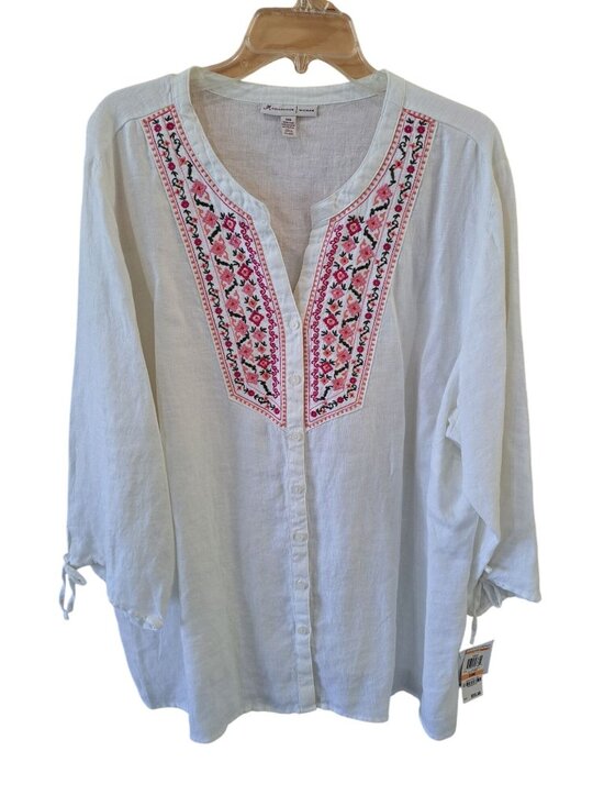 JM Collection Tops - New Linen 24W Womens Plus Size Multicolor  Floral Embroidered Tunic Top Blouse